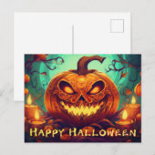 キャンドルの中で怖い顔とカボチャ，ハロウィーン シーズンポストカード (正面/裏面)