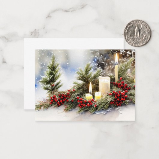 キャンドルの果実とモミ予算ミニクリスマス ノートカード (正面/裏面インサイチュ)