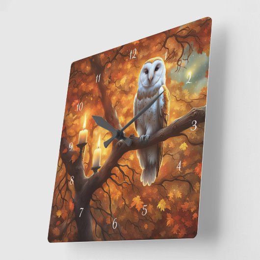 キャンドルの秋葉を持つ神秘的なフクロウ スクエア壁時計 (傾斜)