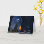 キャンドルを見るかわいい黒猫 カード (黄色い花)