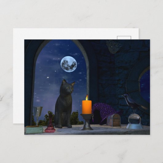 キャンドルを見るかわいい黒猫 ポストカード (正面/裏面)