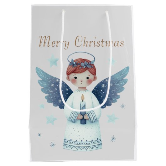 キャンドルエレガントを持つ北欧クリスマスエンジェル ミディアムペーパーバッグ (裏面)