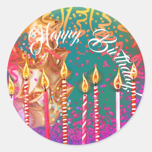 キャンドルエレガントターコイズ付ハッピーバースデー ラウンドシール (正面)