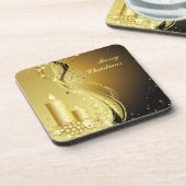 キャンドルクリスマスホリーきらめくオン背景 コースター (左側)