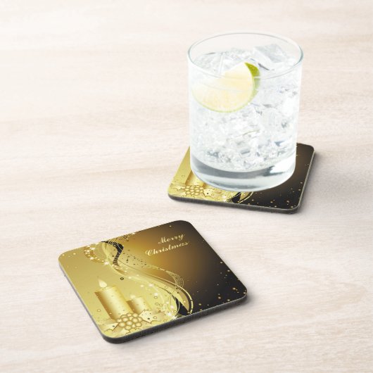 キャンドルクリスマスホリーきらめくオン背景 コースター (右側)