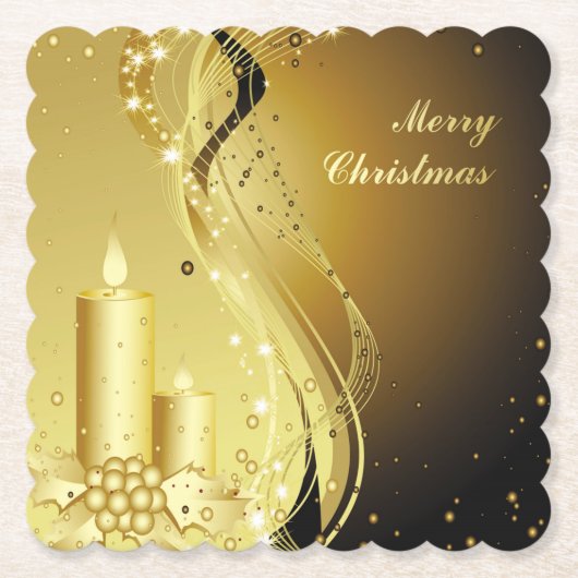 キャンドルクリスマスホリーきらめくオン背景 ペーパーコースター (正面)