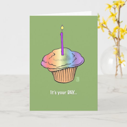 キャンドルザタ絵を描ウン誕生日付きカップケーキ カード (黄色い花)