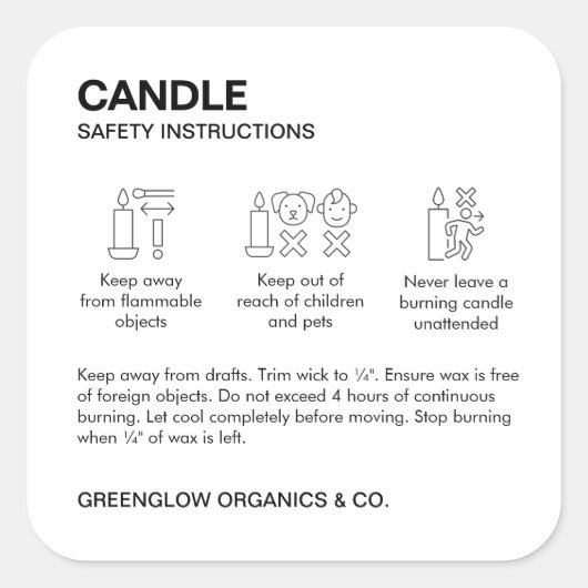 キャンドルセーフティラベルと気に教示シール スクエアシール (正面)