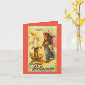 キャンドルハロウィーンのグリーティングカードを持つヴィンテージの女の子 カード (黄色い花)