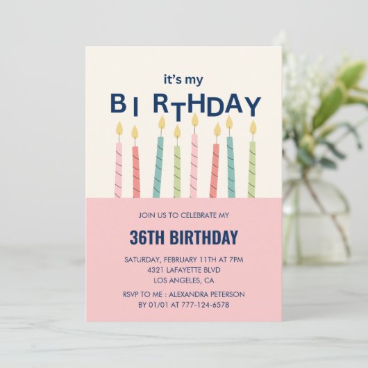 キャンドルピンクおもしろいグリーン36歳の誕生日招待状 招待状 (スタンド正面)