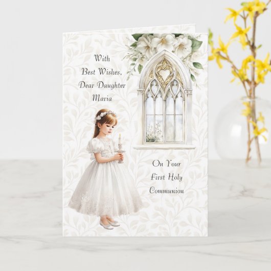 キャンドルファーストコミュニオングリーティングを持つ少女 カード (黄色い花)