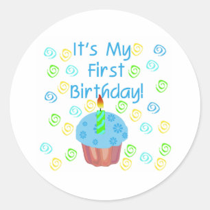 キャンドルファースト付きブルーカップケーキ誕生日 ラウンドシール