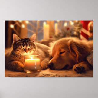 キャンドルライトの居心地の良いクリスマスキャットと犬 – Holida ポスター