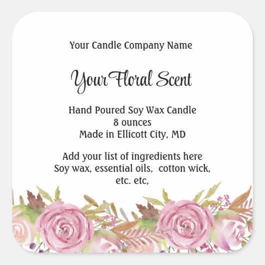 キャンドルラベルパーソナライズされたフローラ香りバラ スクエアシール (正面)
