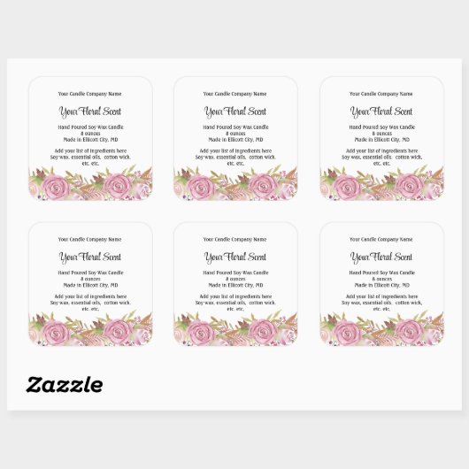 キャンドルラベルパーソナライズされたフローラ香りバラ スクエアシール (シート)