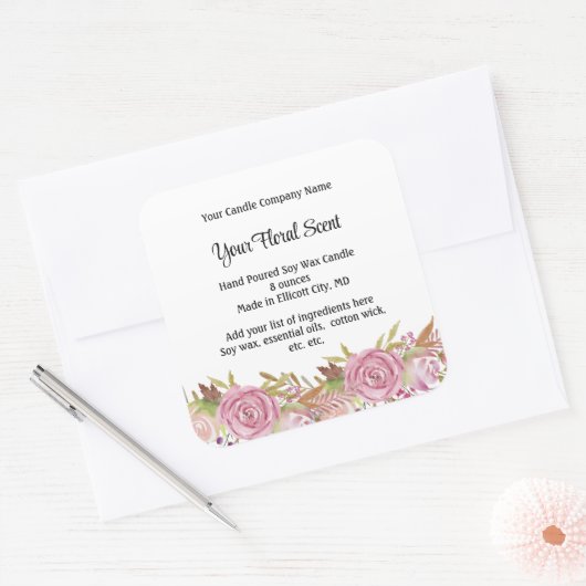 キャンドルラベルパーソナライズされたフローラ香りバラ スクエアシール (封筒)