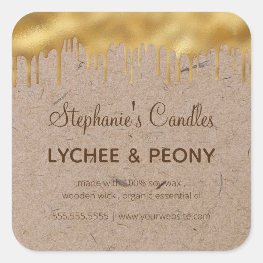 キャンドルラベル |クラフト上の金ゴールドの滴下紙 スクエアシール (正面)