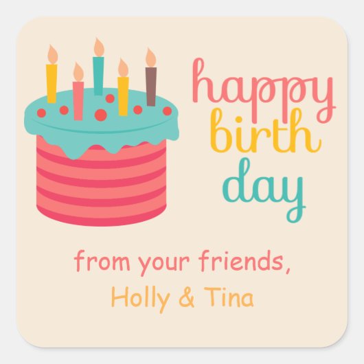 キャンドル付きケーキ誕生日の願い スクエアシール (正面)