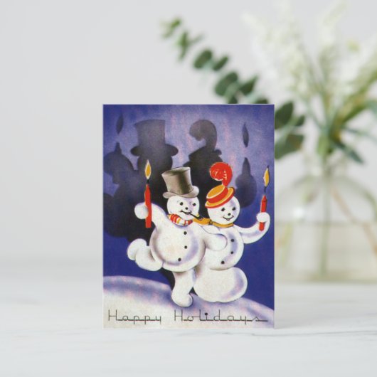 キャンドル付きヴィンテージクリスマス踊り雪だるま シーズンポストカード (スタンド正面)