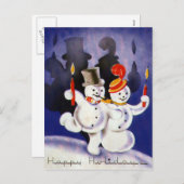 キャンドル付きヴィンテージクリスマス踊り雪だるま シーズンポストカード (正面/裏面)