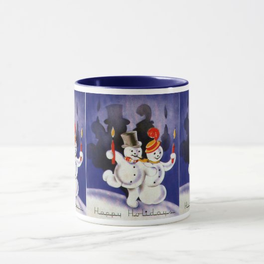 キャンドル付きヴィンテージクリスマス踊り雪だるま マグカップ (中央)