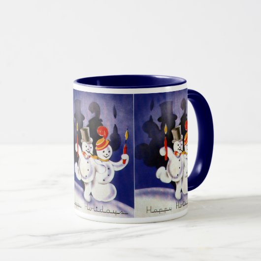 キャンドル付きヴィンテージクリスマス踊り雪だるま マグカップ (正面右)