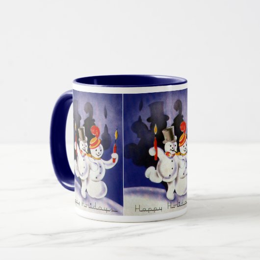 キャンドル付きヴィンテージクリスマス踊り雪だるま マグカップ (正面左)