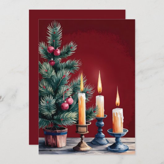 キャンドル付きヴィンテージ芸術的クリスマスツリー シーズンカード (正面/裏面)