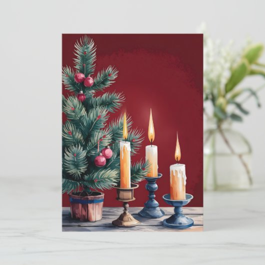キャンドル付きヴィンテージ芸術的クリスマスツリー シーズンカード (スタンド正面)