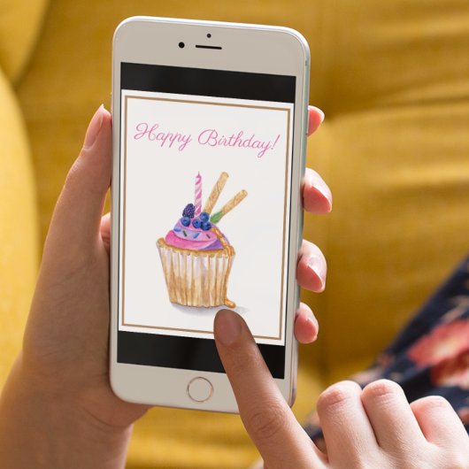 キャンドル付き水彩誕生日ベリーカップケーキ カード