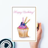 キャンドル付き水彩誕生日ベリーカップケーキ カード