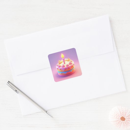 キャンドル鮮やか付お誕生日ケーキ スクエアシール (封筒)