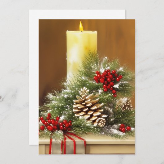 キャンドル、ベリー、松ぼっくりを使った予算クリスマス シーズンカード (正面/裏面)