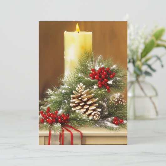 キャンドル、ベリー、松ぼっくりを使った予算クリスマス シーズンカード (スタンド正面)