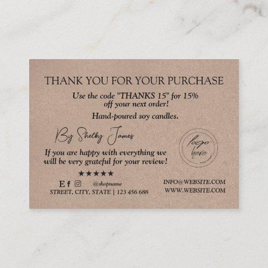 キャンド気にルクラフト紙 |ロゴカスタムありがとう 名刺 (裏面)