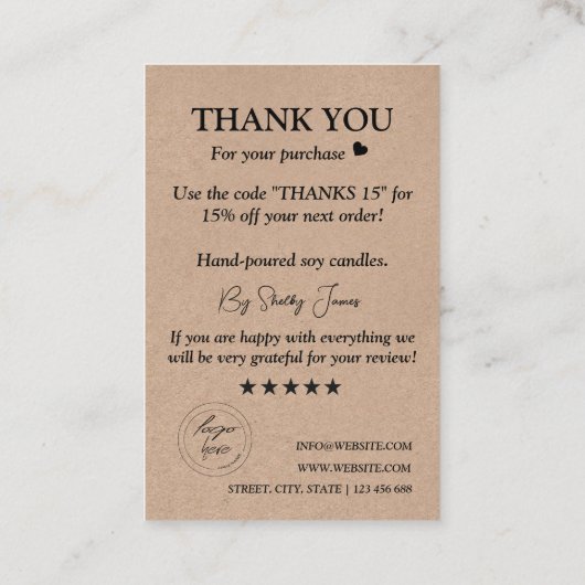 キャンド気にルクラフト紙 |ロゴカスタムありがとう 名刺 (裏面)