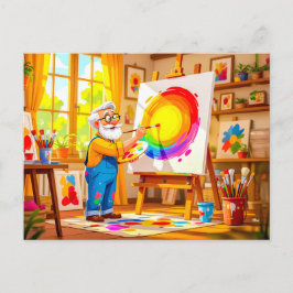 キャンバスに創造的に絵を描くおじいさん シーズンポストカード