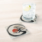 キャンバスのEnsoの円そして盆栽の木 ガラスコースター (アングル)