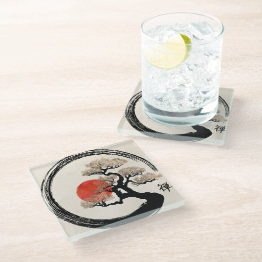 キャンバスのEnsoの円そして盆栽の木 ガラスコースター (アングル)