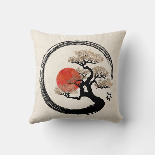 キャンバスのEnsoの円そして盆栽の木 クッション (裏面)