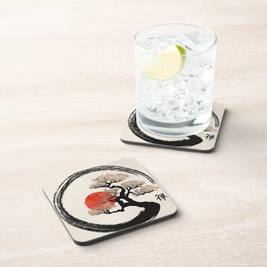 キャンバスのEnsoの円そして盆栽の木 コースター (右側)