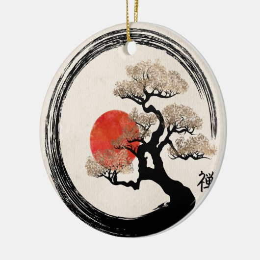 キャンバスのEnsoの円そして盆栽の木 セラミックオーナメント (左)