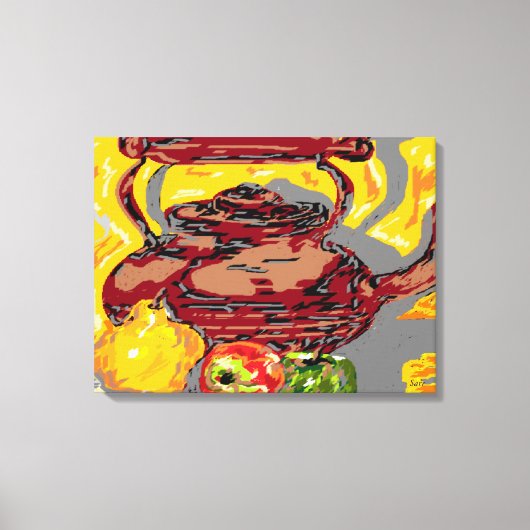 キャンバスラップスチルライフ：お茶釜とフルーツ キャンバスプリント (正面)