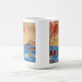 キャンバス上のアクリル美術「黄色の湖と木」 コーヒーマグカップ (中央)