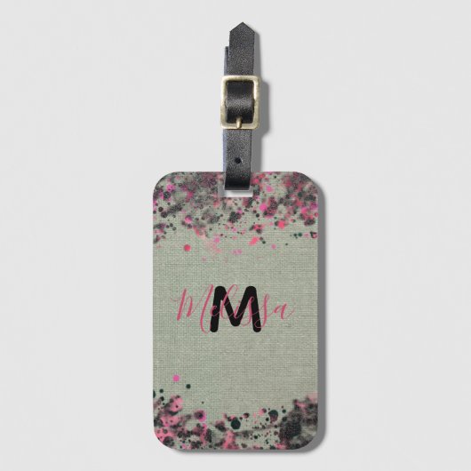 キャンバス名絵を描モノグラム上のピンクの黒の（ばちゃばちゃ）跳ねる ラゲッジタグ (正面縦)