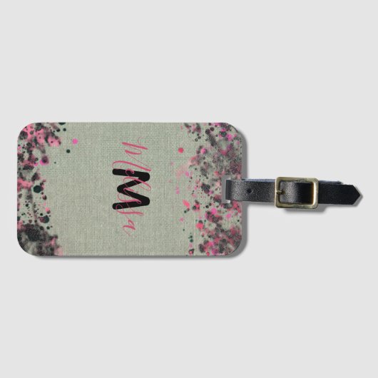キャンバス名絵を描モノグラム上のピンクの黒の（ばちゃばちゃ）跳ねる ラゲッジタグ (正面横)