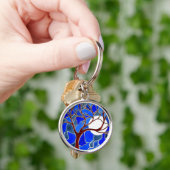 キャンバス-青の木そして月 キーホルダー (手)