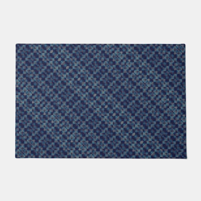 キャンバ市松模様にスファブリックの側面を持つ青いオーバーレイ ドアマット (正面)