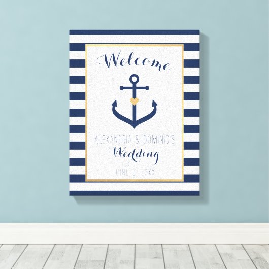 キャンバ航海のス結婚テーマのウェルカムサイン – Navy キャンバスプリント (インサイチュ (ウッドフロア))