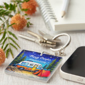 キャンパーキャンピングブルーグリーン自然ウォーターカラー キーホルダー (正面右)